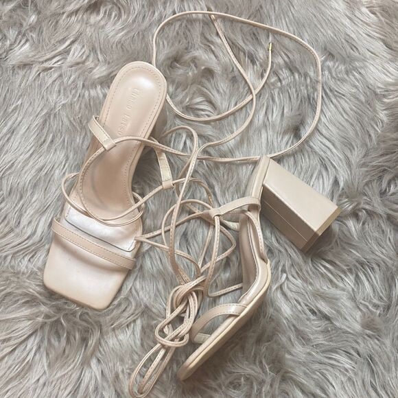 Lhamo Latso Lace Up Strappy Nude Block High Heels Square Open Toe Chunky Sandal - Picture 2 of 13